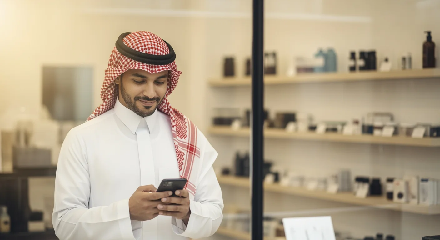 صاحب متجر سعودي يطالع هاتفه خلف طاولة البيع في متجره